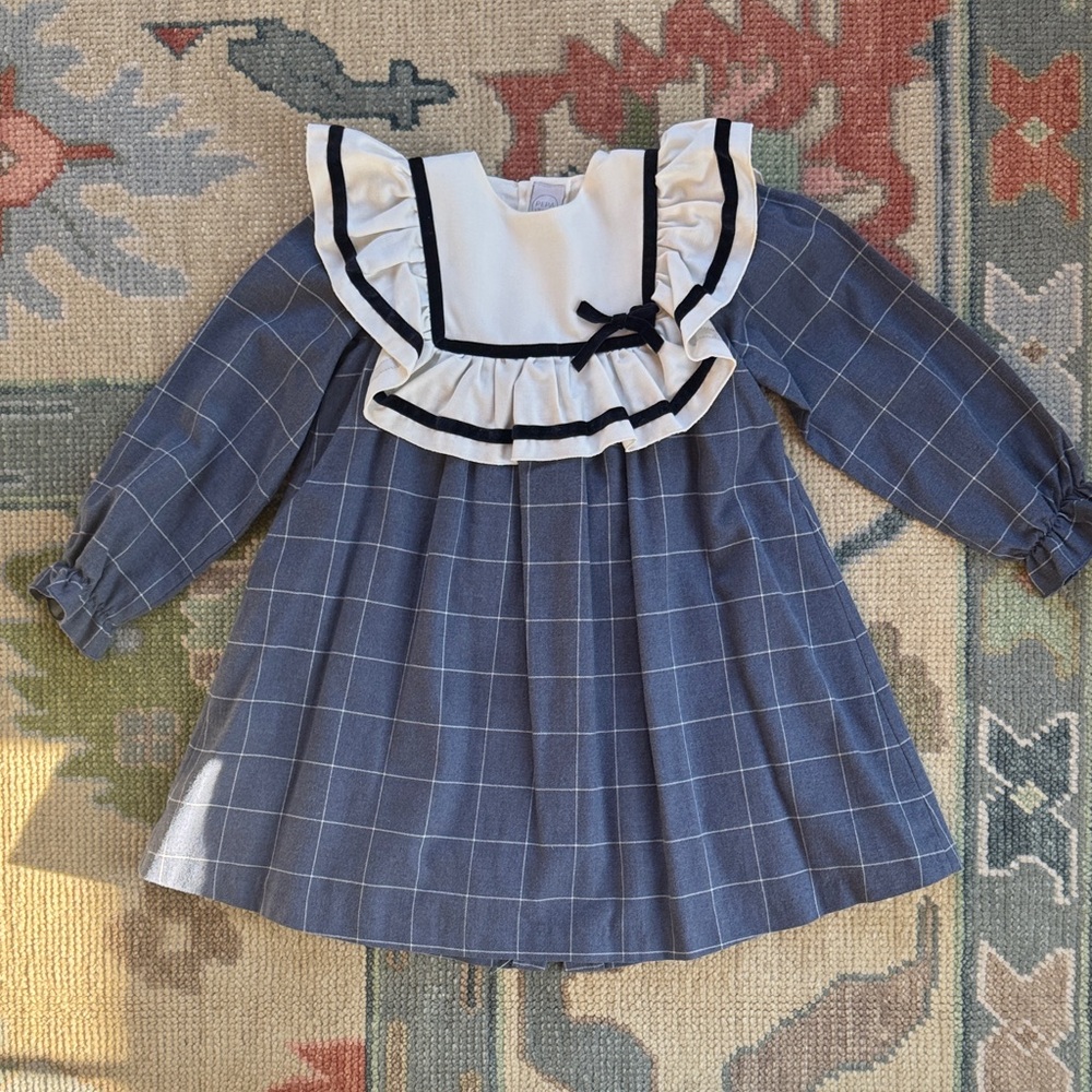 Pepa London Classic Blue Windowpane Ruffle Collar Trapeze Dress